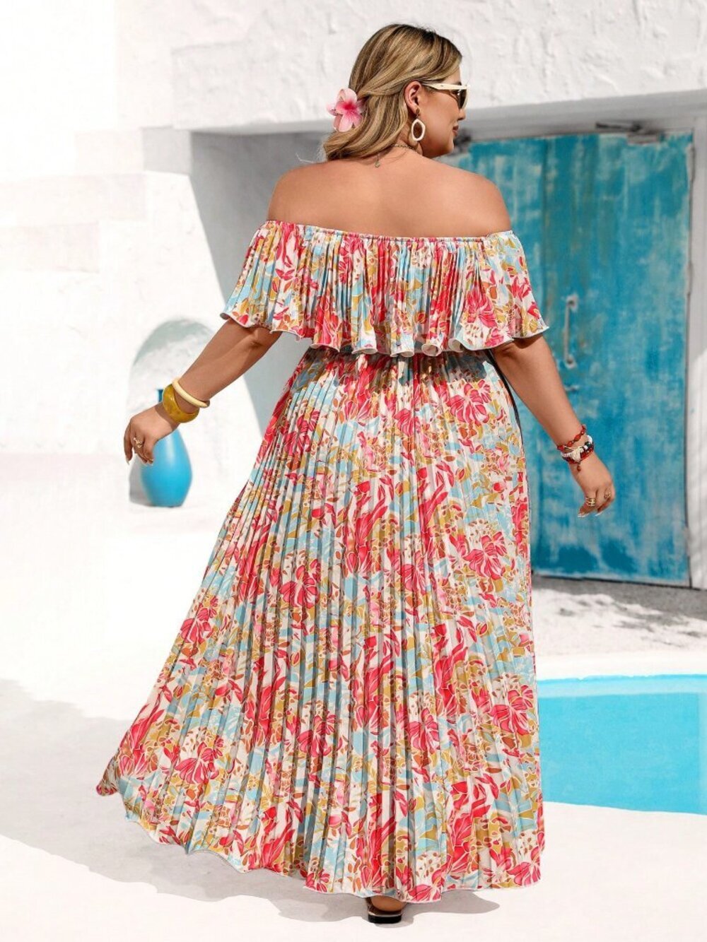 Pink Boho Plus Size Women's Floral Print Off-Shoulder Maxi Dress - Picture 6 of 11